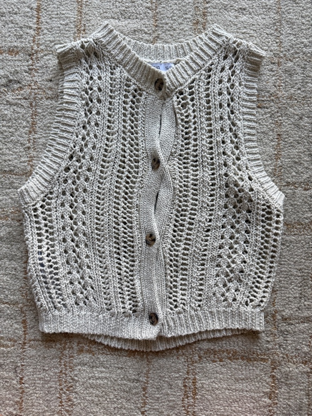 Mango Hand-Knit Cream Button-Front Crochet Sweater Vest